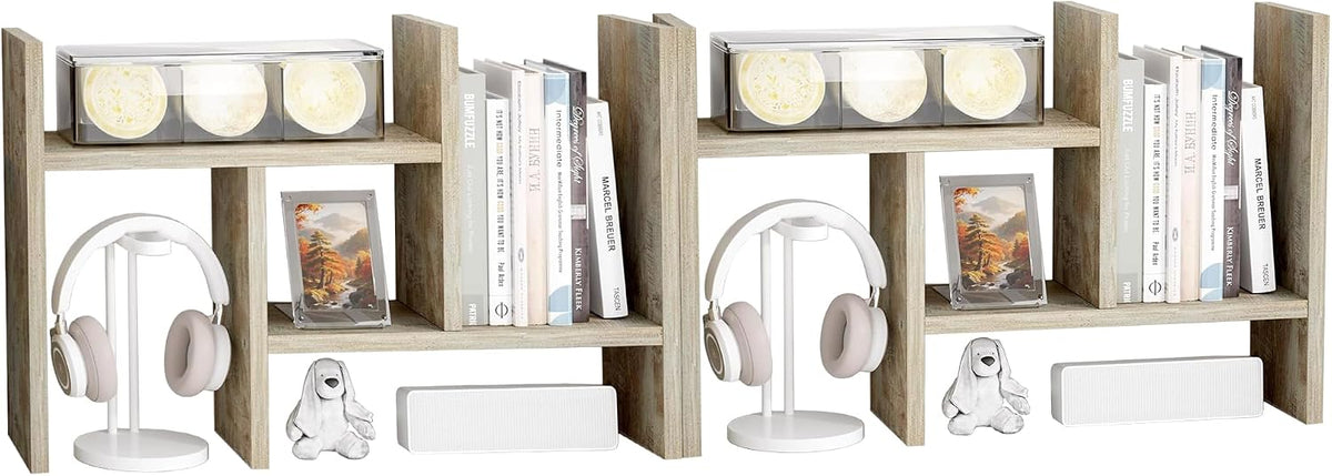 Jerry & Maggie Desktop Organizer Office Storage Rack Adjustable Wood Display Shelf Free Style Double H, Multi-Functional Mini Bookshelf for Desk Natural Stand (White)