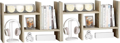 Jerry & Maggie Desktop Organizer Office Storage Rack Adjustable Wood Display Shelf Free Style Double H, Multi-Functional Mini Bookshelf for Desk Natural Stand (White)