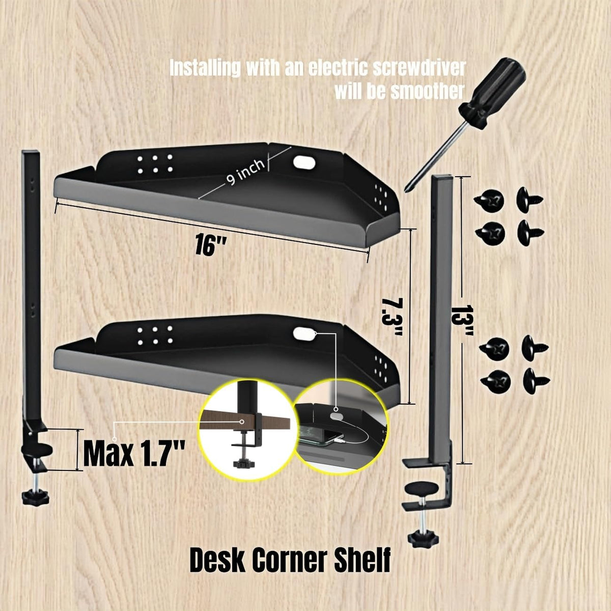 Desk Clamp Shelf, 16 Inch Corner