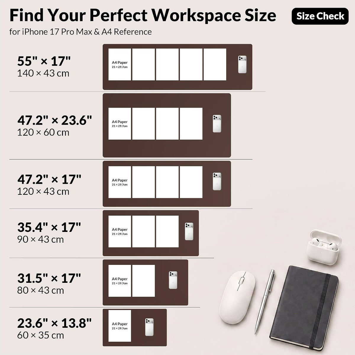Large Desk Mat, 47" x 17", Black
