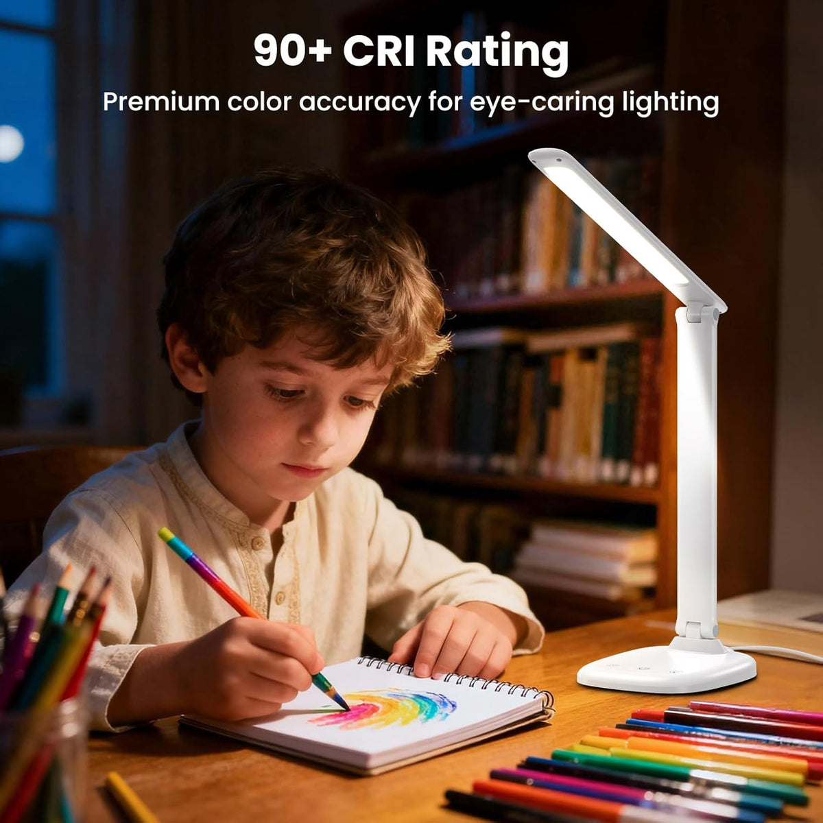 Desk Lamp with Charger, 10%-100% Stepless Dimmable & 5 Color Modes Study Lamp, Touch Control, 30-/60-minute Timer, USB Charging Output Port, CRI≥90, Eye-Caring Foldable LED Desk Lamps for Home Office