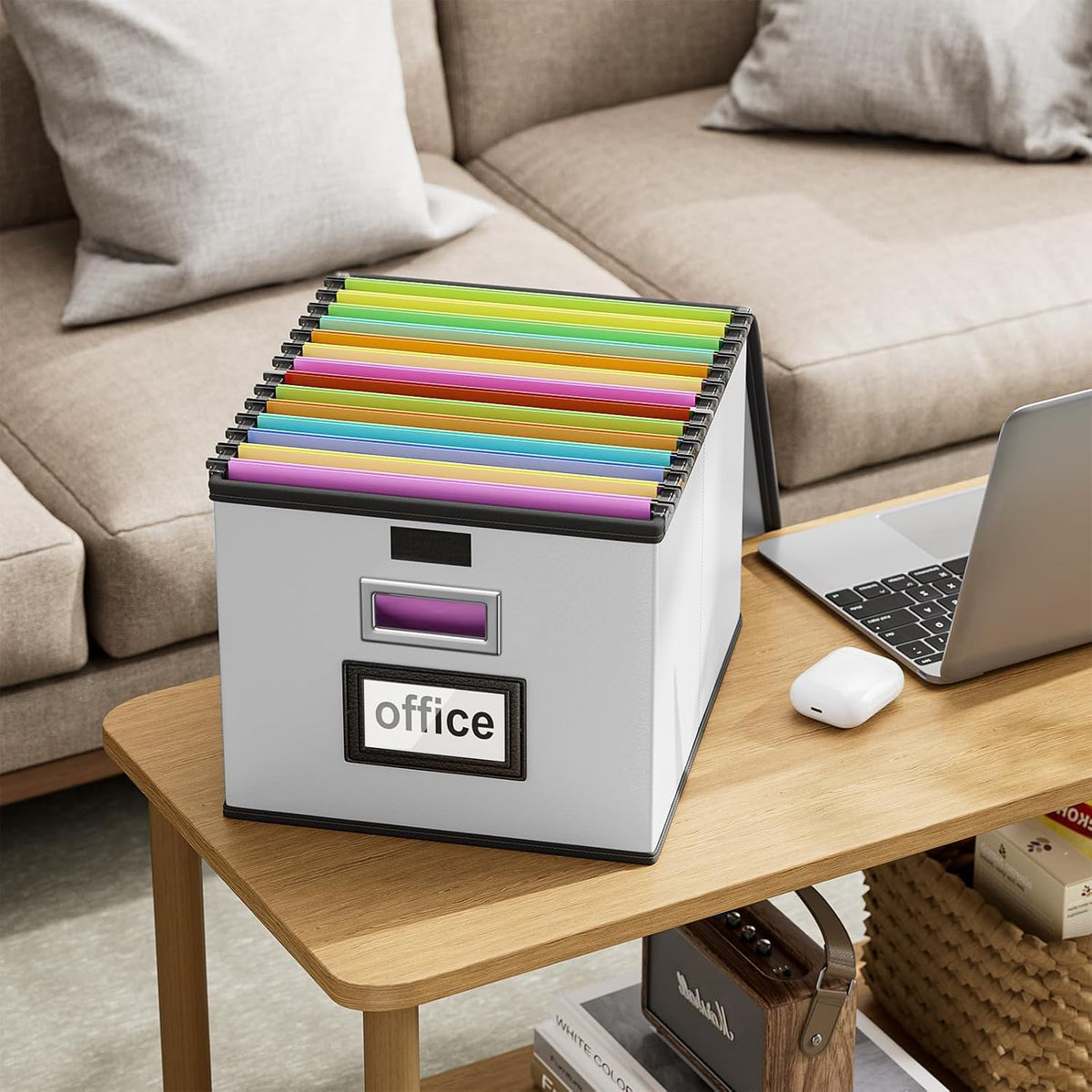 Upgraded Portable File Organizer Box with Lid, Collapsible Linen Hanging Filing Storage Boxes with Plastic Slides, Decorative Home/Office Filing System Box for File and Folders Storage (Gray)