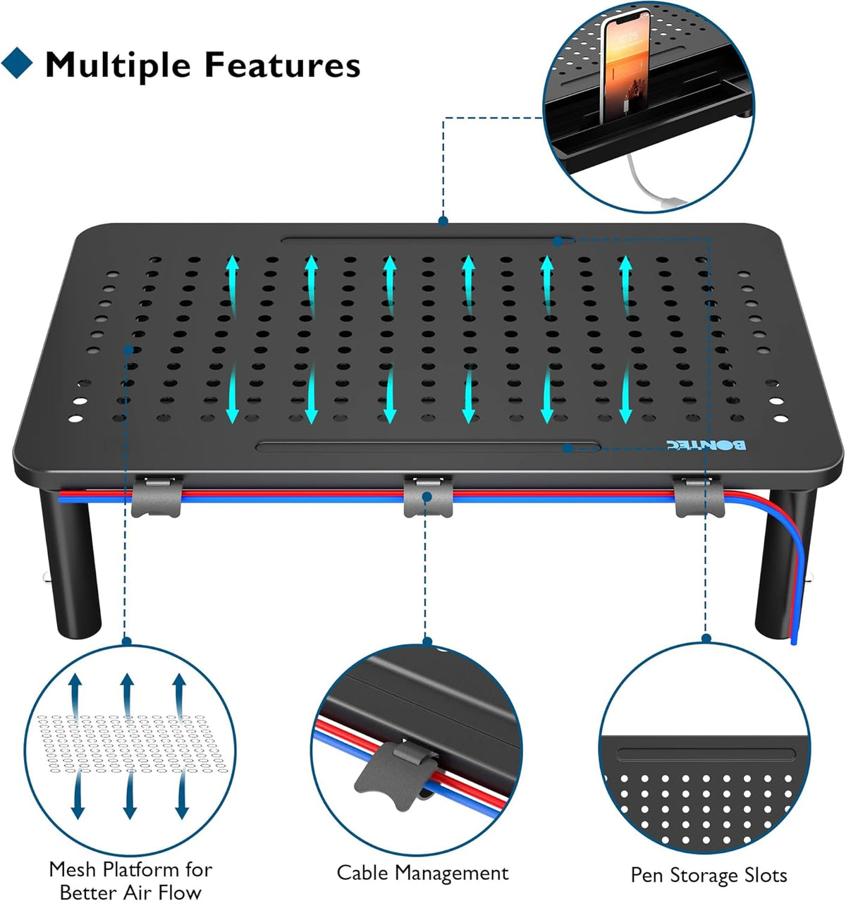BONTEC Adjustable Monitor Stand Riser with Drawer, Ergonomic Mesh Platform Computer Monitor Stand for Desk, Ventilated Laptop and PC Stand with Cable Management, Supports up to 44lbs