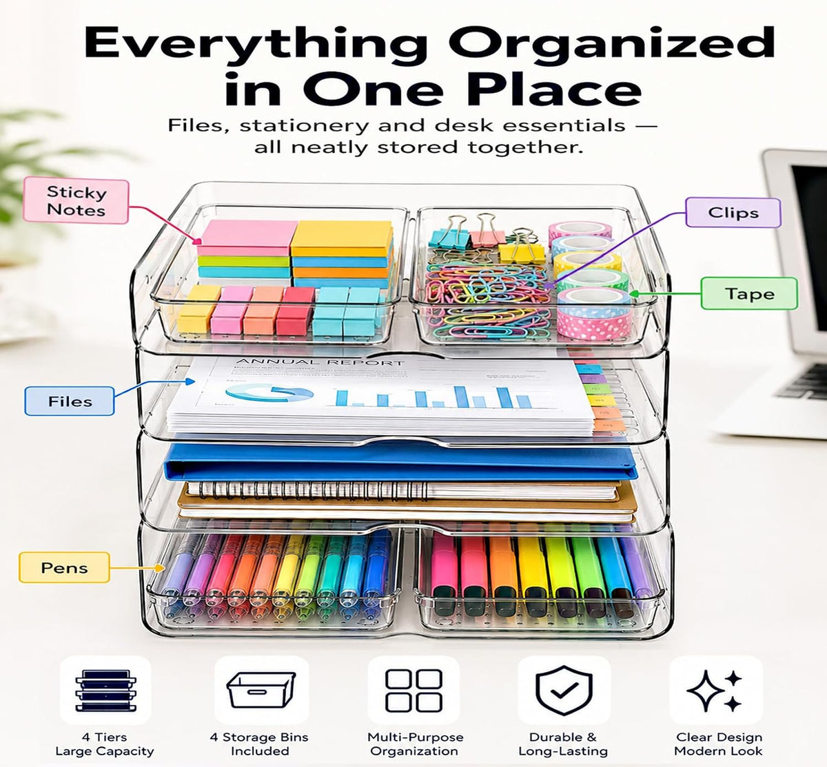 DCA Large Capacity Desk Organizer, 4 Tier Paper Organizer, File Organizer for Desk, Stackable Paper Tray for Office, Home and School