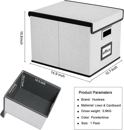 Upgraded Portable File Organizer Box with Lid, Collapsible Linen Hanging Filing Storage Boxes with Plastic Slides, Decorative Home/Office Filing System Box for File and Folders Storage (Gray)
