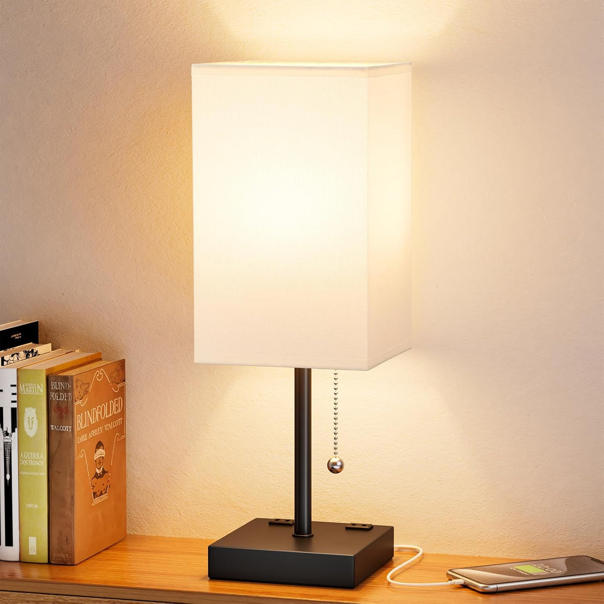 Wood-Grain Small Bedside Lamp for Bedroom - Square Cream Fabric Shade