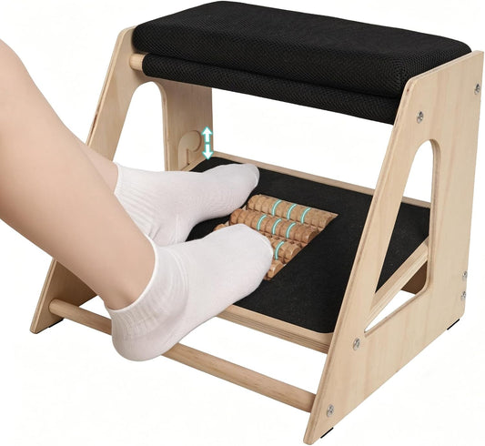 Natheeph Wooden Foot Rest Under Desk at Work – 3-Height Adjustable Ergonomic Foot Stool with Massage Roller on Lower Deck & Foam Upper Pad for Office, Home, Gaming, Non-Slip Base