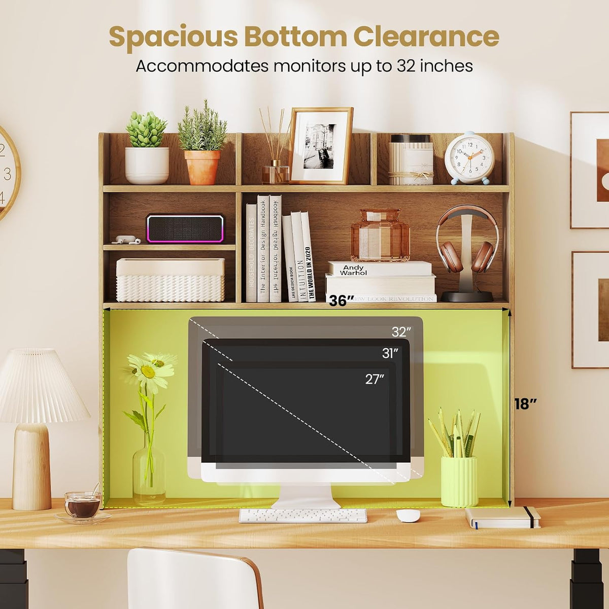 Desktop Bookshelf, Countertop Storage Hutch with 5 Shelves for Computer Desk, Desk 3-Tier Display Rack, Multipurpose Wood Desktop Hutch Storage Organizer for Dorm Office Home