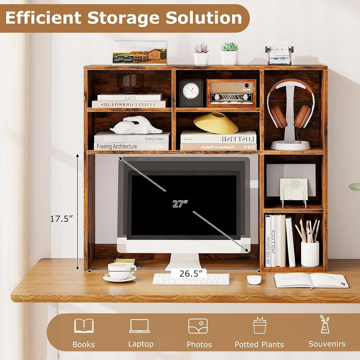 Desktop Bookshelf, Countertop Storage Hutch with 5 Shelves for Computer Desk, Desk 3-Tier Display Rack, Multipurpose Wood Desktop Hutch Storage Organizer for Dorm Office Home