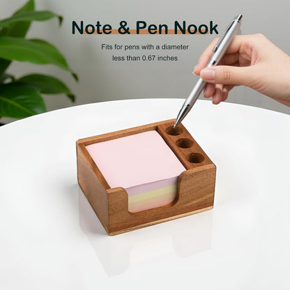 Acacia Wood Sticky Note Holder with 3 Pen Holders, 3x3 Post It Note Dispenser with Anti-Slip Pads, All-in-One Wooden Desk Organizer for Office Home School (4.0“x3.5"x2")