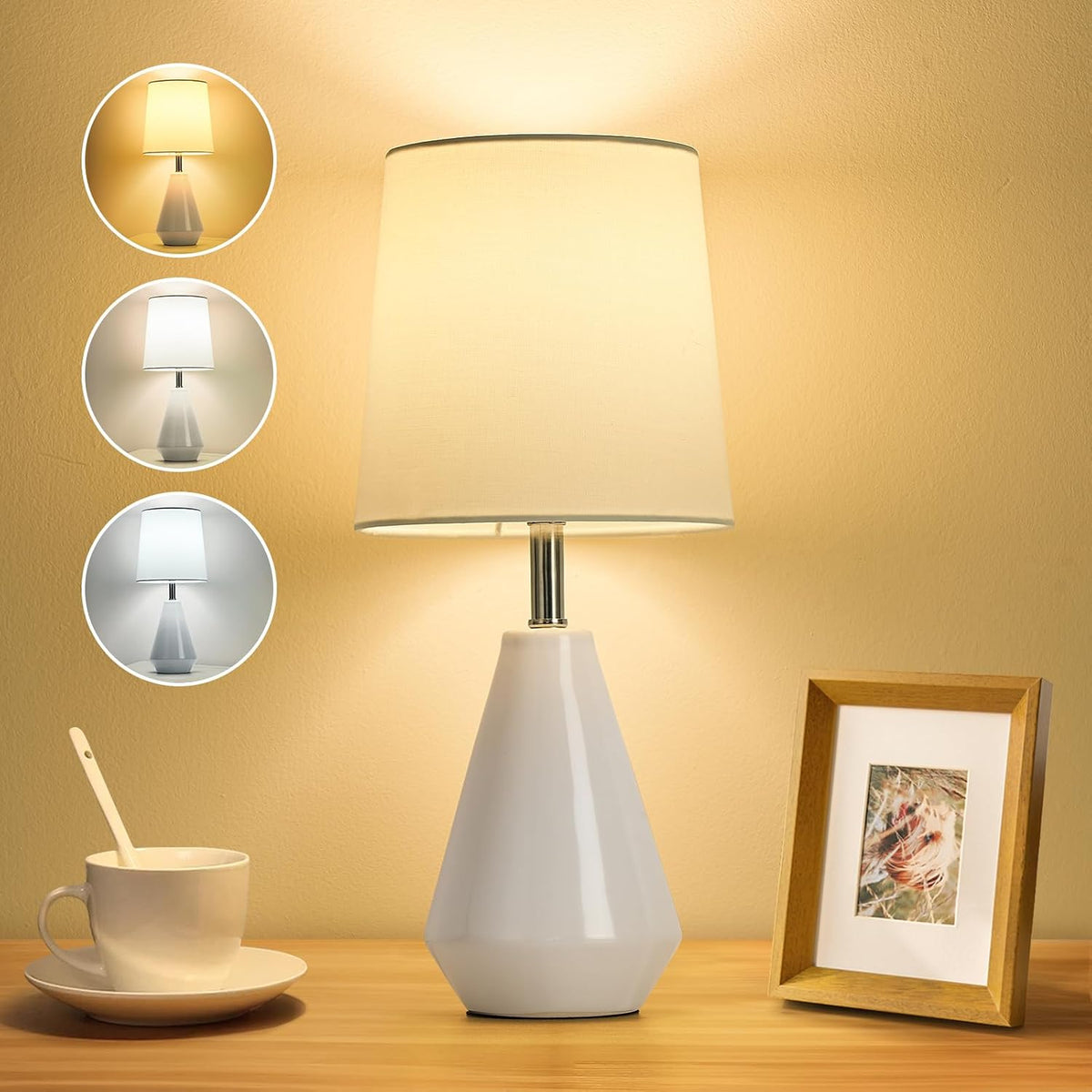 Small Bedside Table Lamp for Bedroom - Reading Desk Lamp with 3 Color Temperatures，15.5" Nightstand Ceramic Lamp with Fabric Shade for Kids Room,Living Room,Dorm,Home Office (Green)