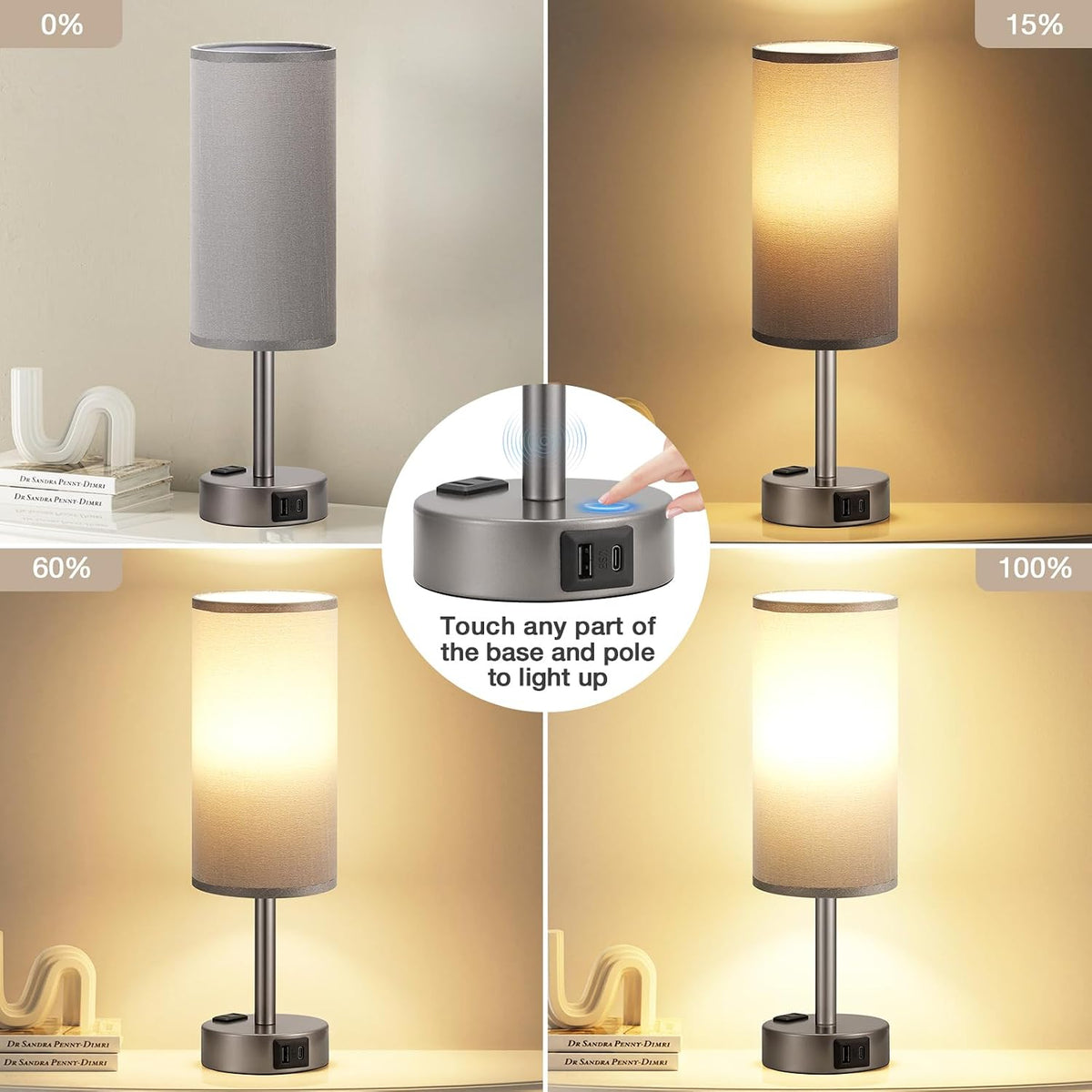Fenmzee Bedside Table Lamp for Bedroom - Dimmable Touch, USB A+C, AC Outlet