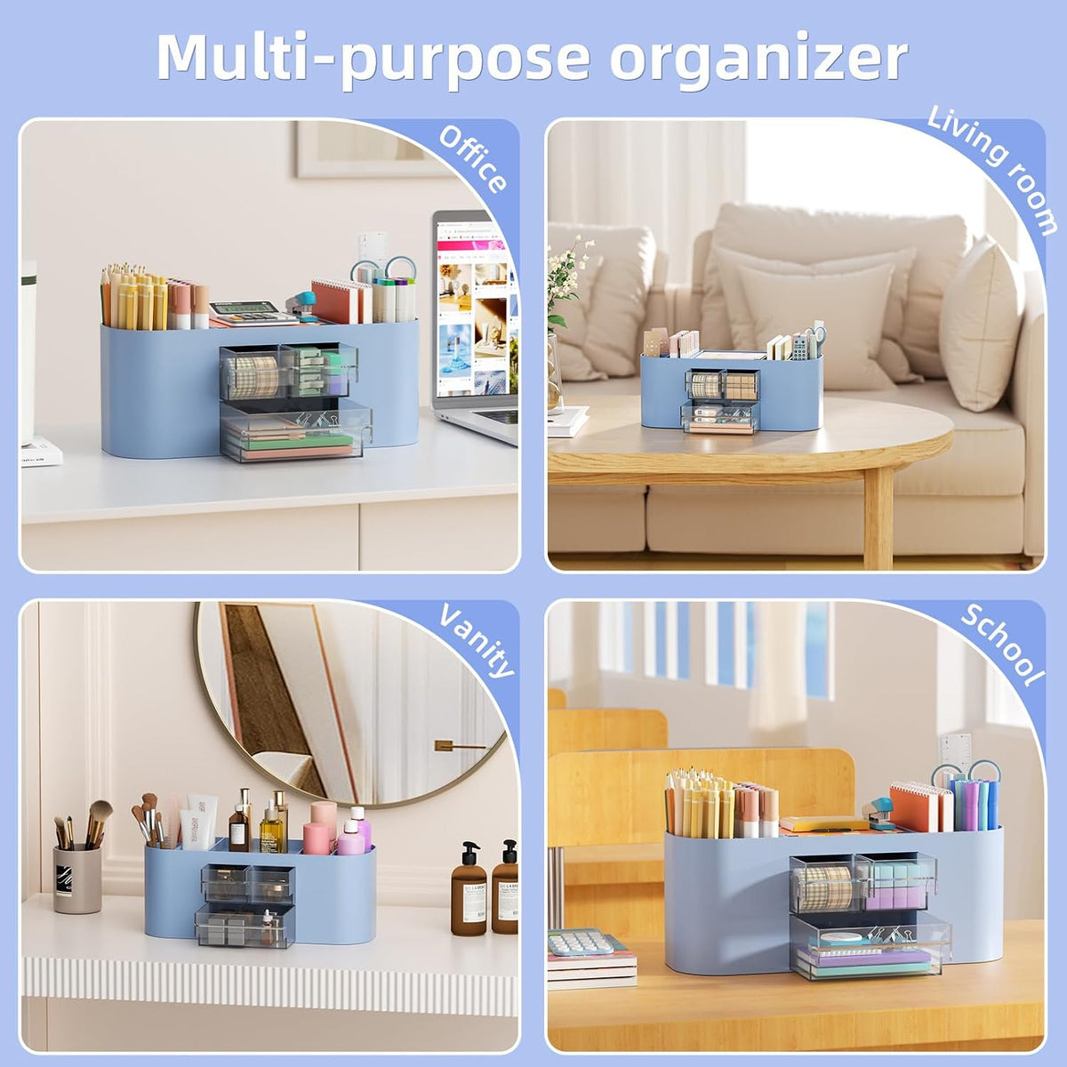 Marbrasse Desk Organizer Pen Holder for Desk with 3 Drawers, Multi-Functional Pencil Holder, Desk Organizers and Accessories with 7 Compartments for Home, School, Classroom(Pink)