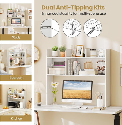 Desktop Bookshelf, Countertop Storage Hutch with 5 Shelves for Computer Desk, Desk 3-Tier Display Rack, Multipurpose Wood Desktop Hutch Storage Organizer for Dorm Office Home