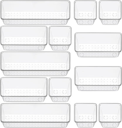 Clear Drawer Organizer Set, 3 Sizes Bathroom Vanity Organizer Trays and Storage Bins for Makeup, Cosmetics, Jewelry, and Gadgets. Perfect for Office, Kitchen, Bedroom, Bathroom Use.