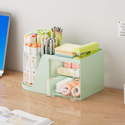 Marbrasse Desk Organizer with 2 Drawer, 360°Rotating Pen Holder, Desk Organizers and Accessories with 6 Slots Pencil Organizer + 2 Drawer, Art Supply Storage Box Caddy for Office (White)