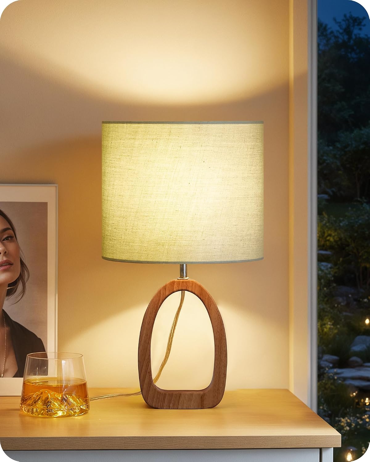 Small Table Lamp, 14.2" Cute Little Desk Lamp, Wood Bedside Lamp with Linen Lampshade, Modern Nightstand Lamp for Bedroom, E26 Base, Bulb Not Included, Beige and Dark Natural LE07TL05