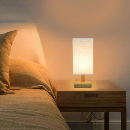 Small Bedside Table Lamp for Bedroom,Natural Round Wood Base&Fabric Linen Shade,Cozy Night Table Light for Study Reading,Minimalist Boho Desk Lamp for Nightstand,Living Room,Nursery,Kitchen,Dorm