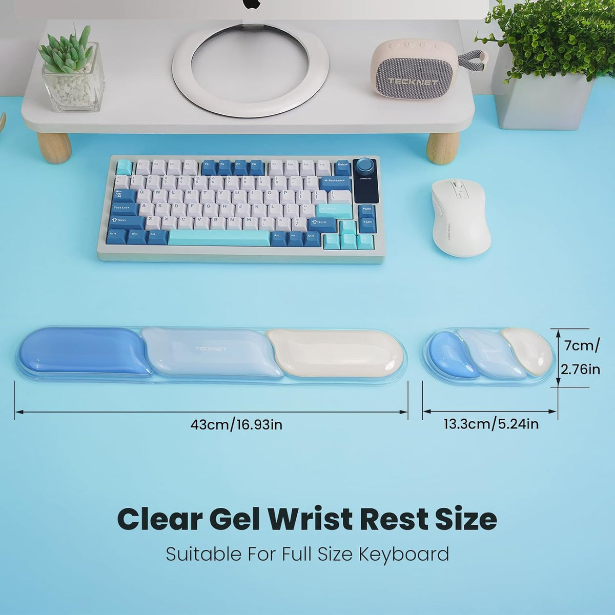 TECKNET Clear Gel Wrist Rest for Computer Keyboard, Ergonomic Gel Keyboard Wrist Rest Set for Typing Pain Relief, Comfortable Silicone Wrist Support Pad for Office/Computer/Laptop/Gaming, Blue