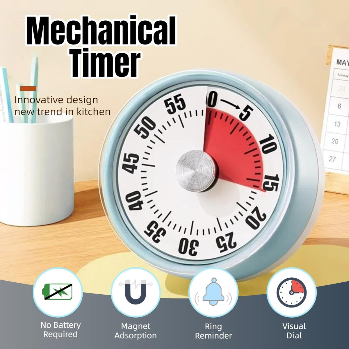 Kitchen Timer,Visual Timer,100% Mechanical Desk Timer,No Batteries Required,Magnetic Stand Back,Kitchen timers for Cooking,lso Magnetic for Classroom, Homeschooling Study Tool, Task Reminder.