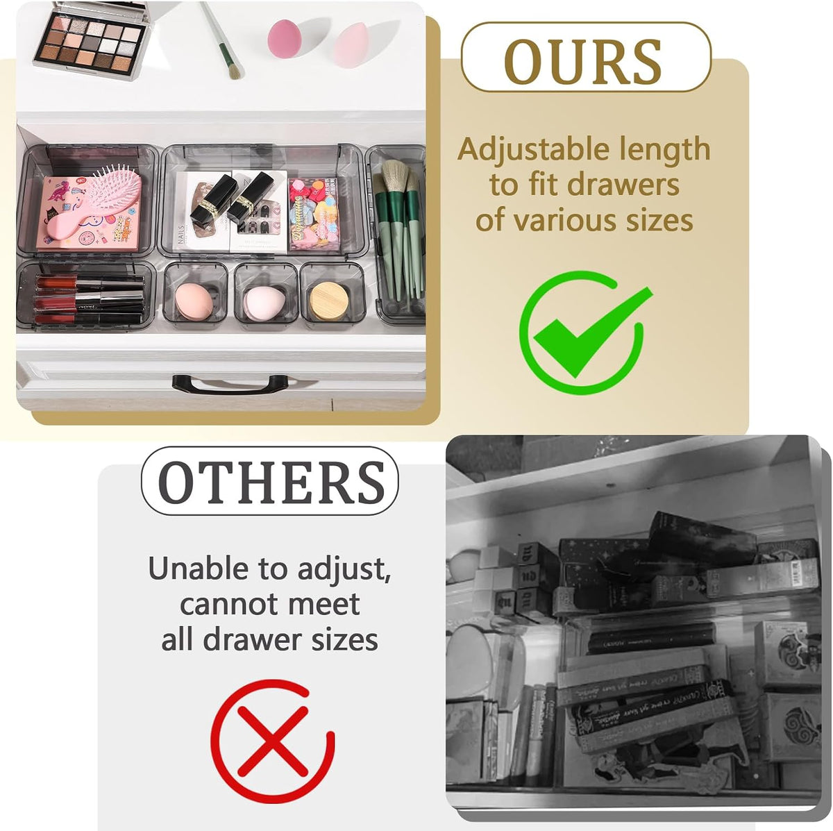 Adjustable Clear Drawer Organizer, Extendable Vanity Storage Bins, Desk Drawer Organizer Set for Makeup, Cosmetics, Bedroom, and Gadgets, Purple