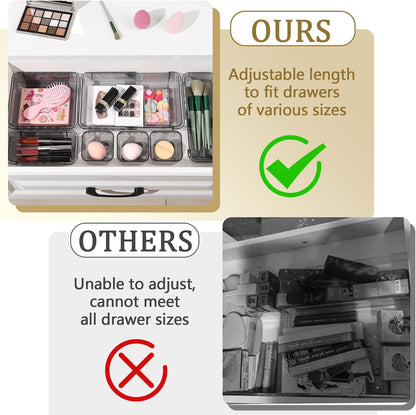 Adjustable Clear Drawer Organizer, Extendable Vanity Storage Bins, Desk Drawer Organizer Set for Makeup, Cosmetics, Bedroom, and Gadgets, Purple