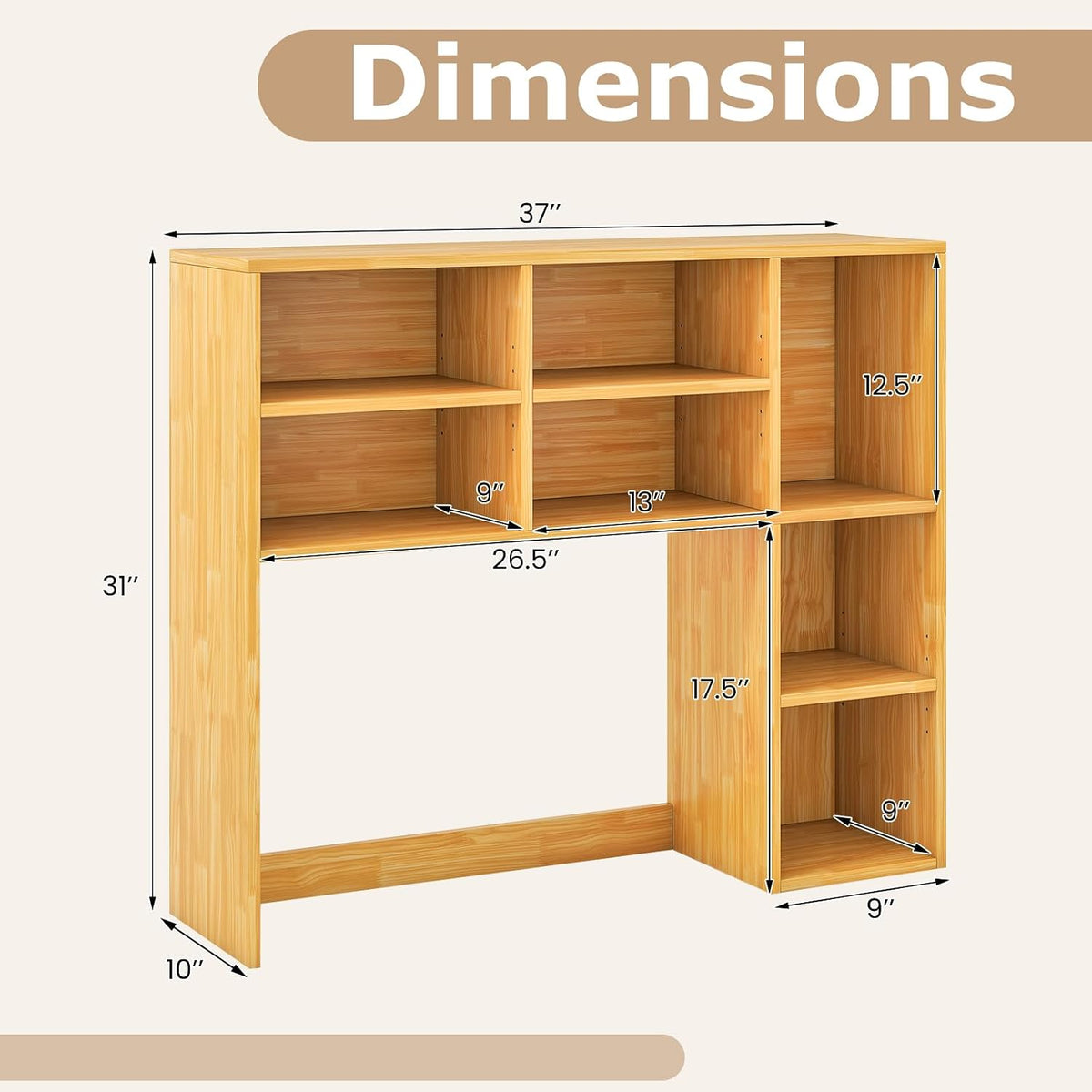 Desktop Bookshelf, Countertop Storage Hutch with 5 Shelves for Computer Desk, Desk 3-Tier Display Rack, Multipurpose Wood Desktop Hutch Storage Organizer for Dorm Office Home
