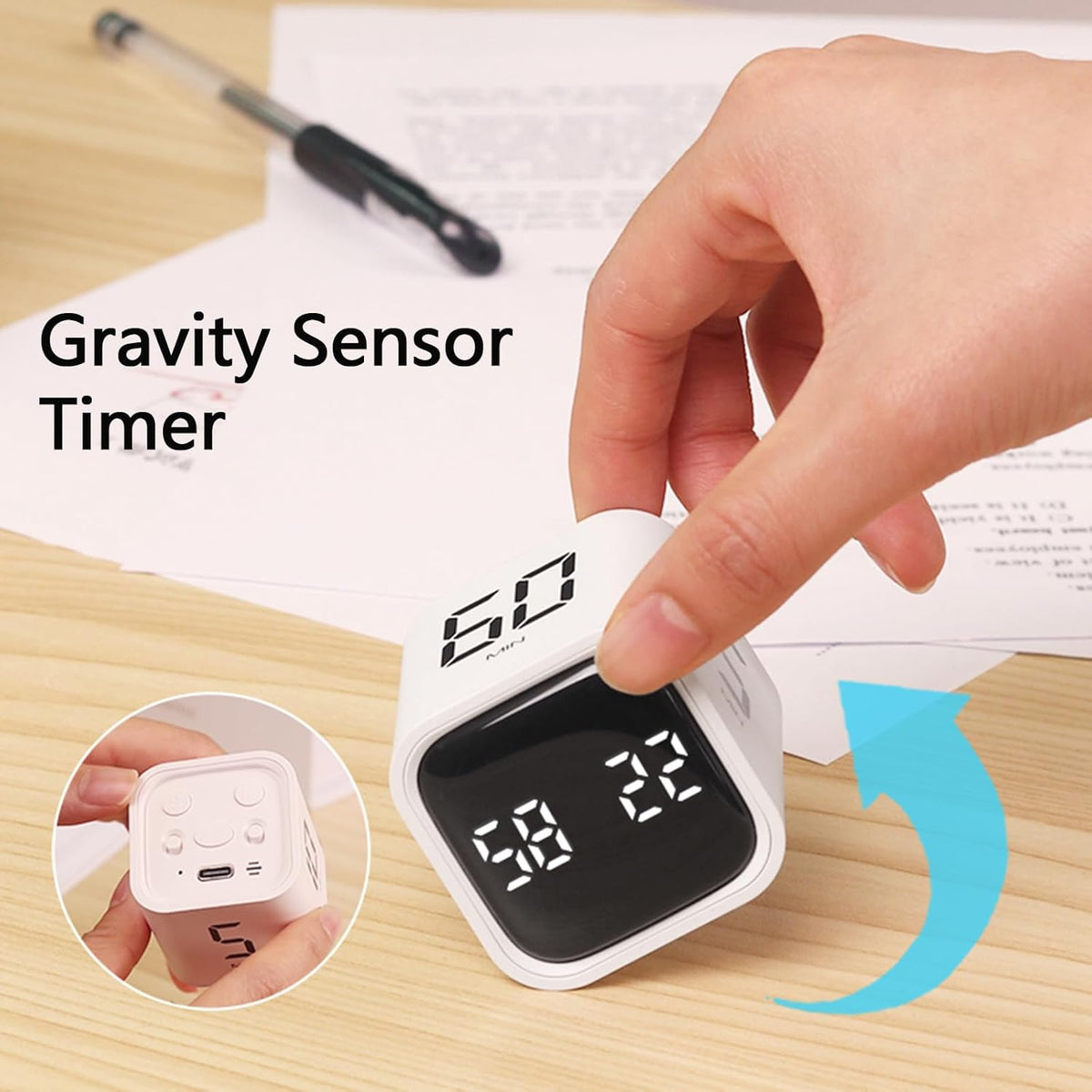 Rotating Cube Timer - 1/5/10/30/60min Presets, Gravity Sensor Pomodoro Stopwatch, 3 Sound Modes, ADHD Study Tool for Office/Kitchen/Classroom (F6 Black)
