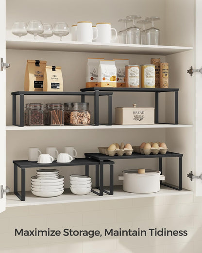 SONGMICS Cabinet Organizer Shelf, Set of 4 Kitchen Counter Shelves, Kitchen Storage, Spice Rack, Stackable, Expandable, Metal and Engineered Wood, Cloud White and Natural Beige UKCS010N01