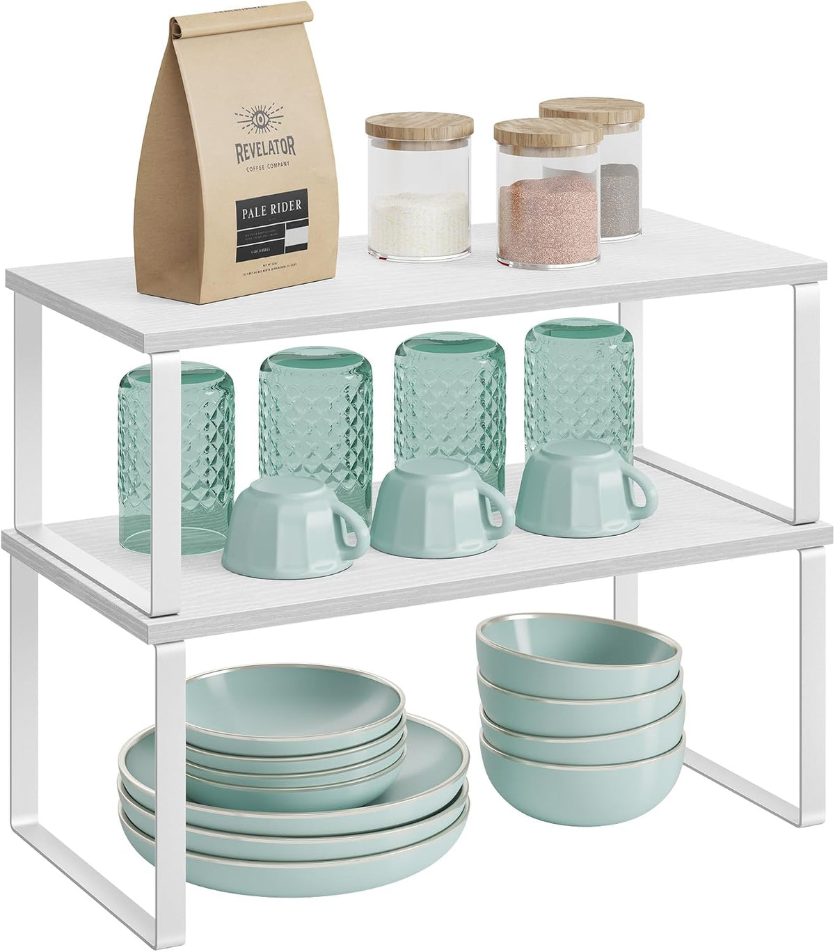 SONGMICS Cabinet Organizer Shelf, Set of 4 Kitchen Counter Shelves, Kitchen Storage, Spice Rack, Stackable, Expandable, Metal and Engineered Wood, Cloud White and Natural Beige UKCS010N01