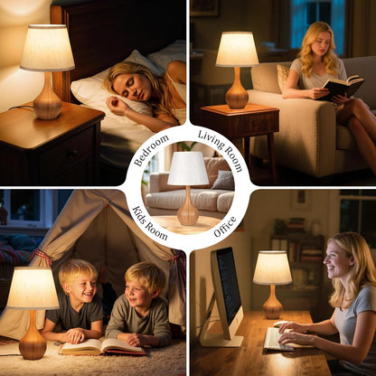 Seealle Touch Table Lamp for Bedroom, 3-Way Dimmable Small Bedside Lamps for Night Stands with Wires, Wood-Paint Desk Lamp for Kids Room, Office, Living Room, End Table(LED Bulb Included)