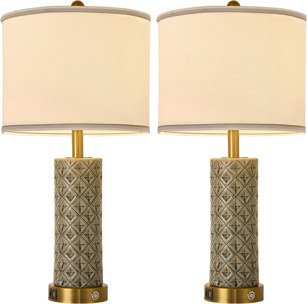 Small Bedside Table Lamp for Bedroom - Reading Desk Lamp with 3 Color Temperatures，15.5" Nightstand Ceramic Lamp with Fabric Shade for Kids Room,Living Room,Dorm,Home Office (Green)