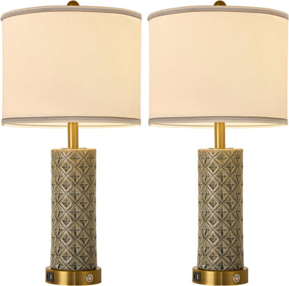 Small Bedside Table Lamp for Bedroom - Reading Desk Lamp with 3 Color Temperatures，15.5" Nightstand Ceramic Lamp with Fabric Shade for Kids Room,Living Room,Dorm,Home Office (Green)
