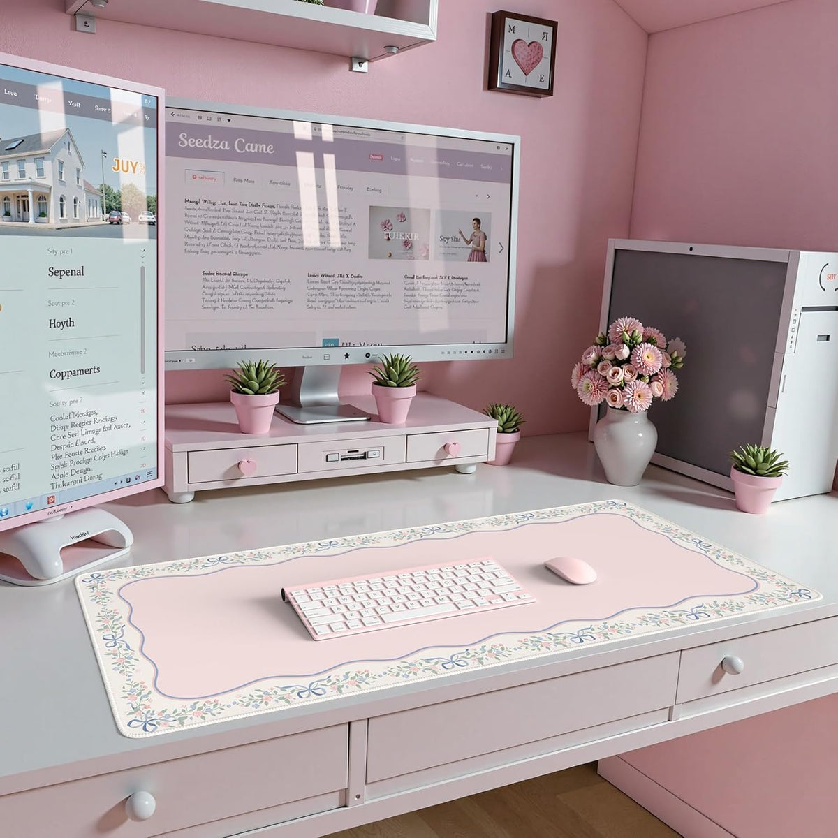 Desk Mat,Mouse Pad for Office Desk,35.4x15.7in,Pink Flowers
