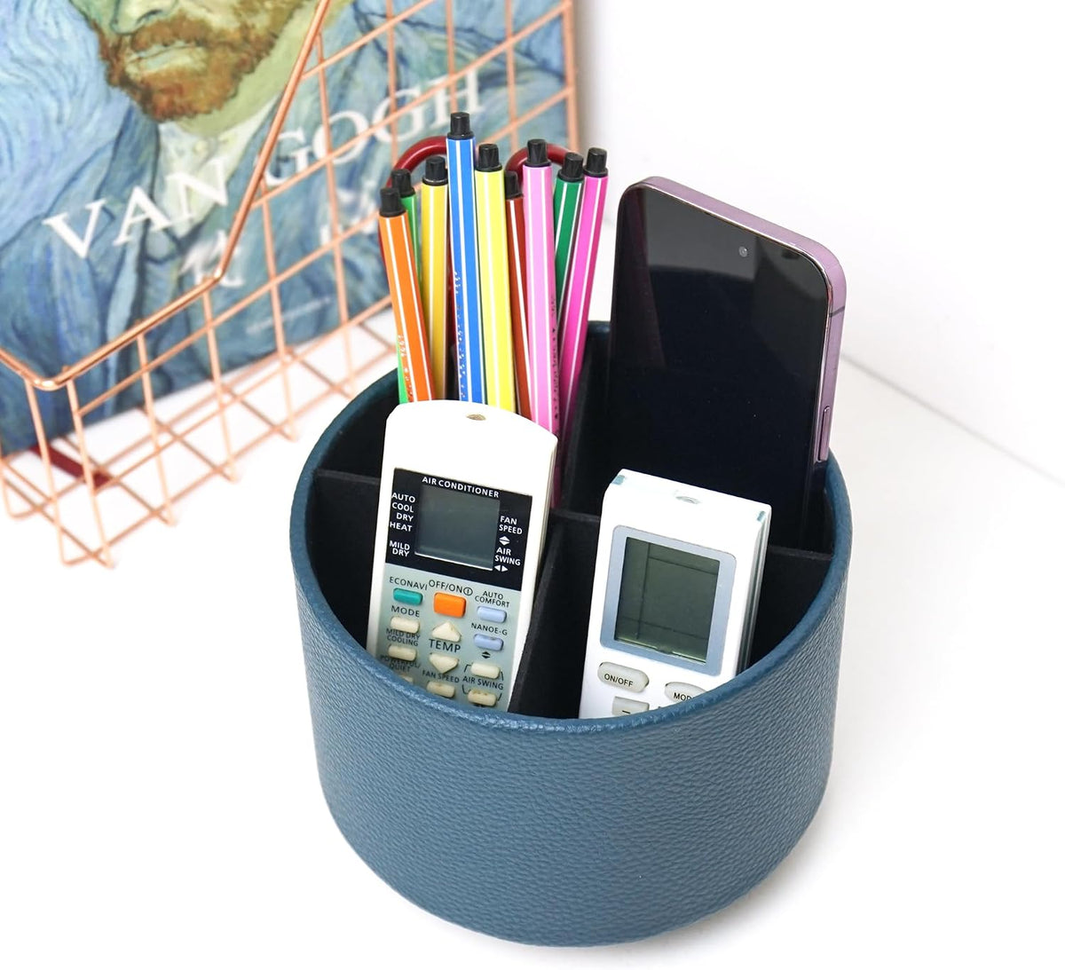 Round Leather Art Supply Organizer,Remote Control Holder,360 Degree Rotating,Multi-Functional Pencil Holder,4 Compartments Desktop Stationary Organizer(1-Blue Bird) - Colors B