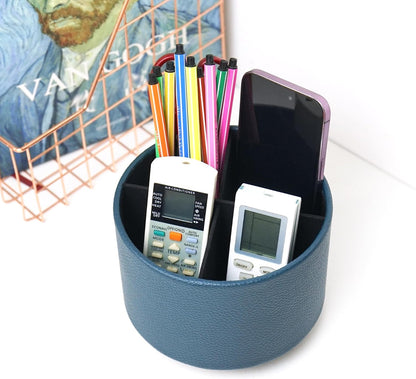 Round Leather Art Supply Organizer,Remote Control Holder,360 Degree Rotating,Multi-Functional Pencil Holder,4 Compartments Desktop Stationary Organizer(1-Blue Bird) - Colors B