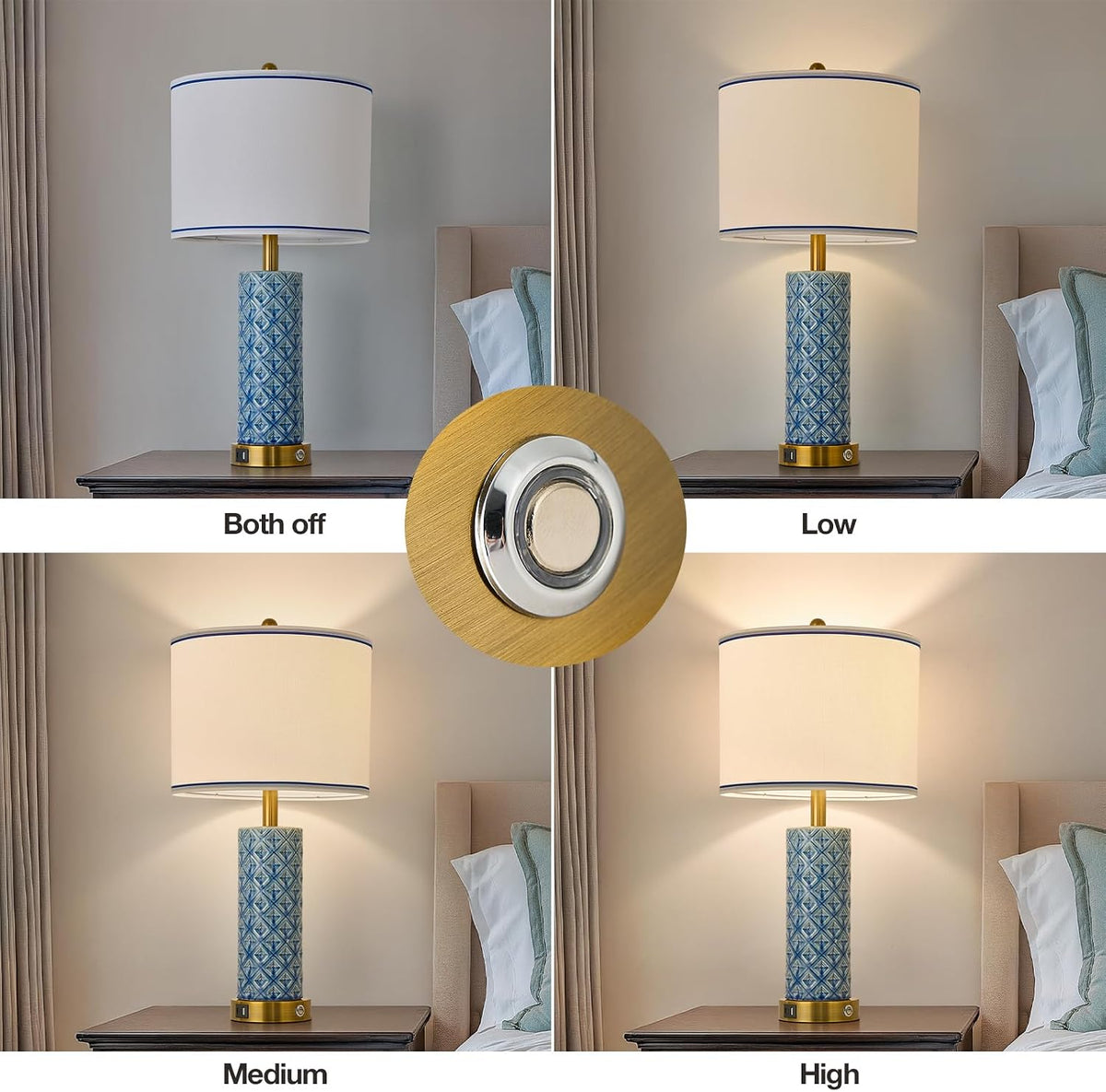 Small Bedside Table Lamp for Bedroom - Reading Desk Lamp with 3 Color Temperatures，15.5" Nightstand Ceramic Lamp with Fabric Shade for Kids Room,Living Room,Dorm,Home Office (Green)