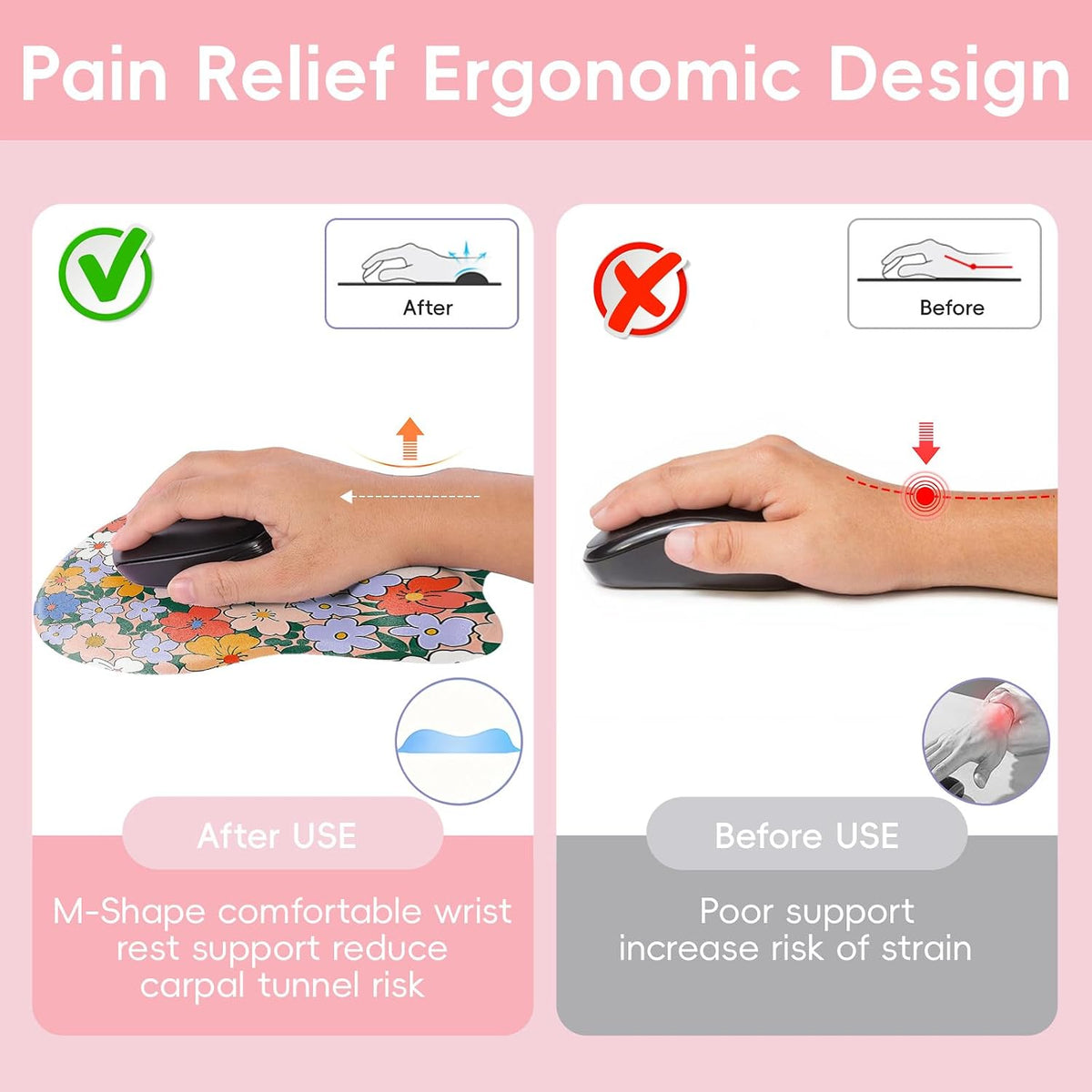 Wrist Support Mouse Pad Anti Slip Rubber Wrist Rest Mousepad 9in X 8in Small Desktop Notebook Mouse Mat for Working and Gaming (M-Pink Floral)