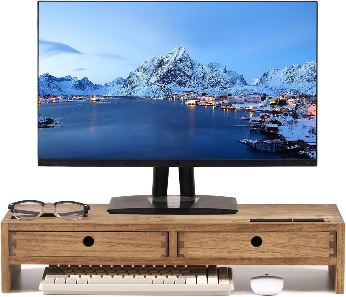 KIRIGEN Wood Monitor Stand with 2 Drawers, Solid Wood Computer Monitor Riser for Desk, Desktop Organizer Shelf with Cable Management, Pen Slots, Brown, No Assembly PMJ-DBR
