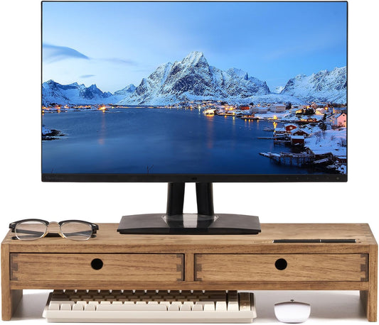 KIRIGEN Wood Monitor Stand with 2 Drawers, Solid Wood Computer Monitor Riser for Desk, Desktop Organizer Shelf with Cable Management, Pen Slots, Brown, No Assembly PMJ-DBR