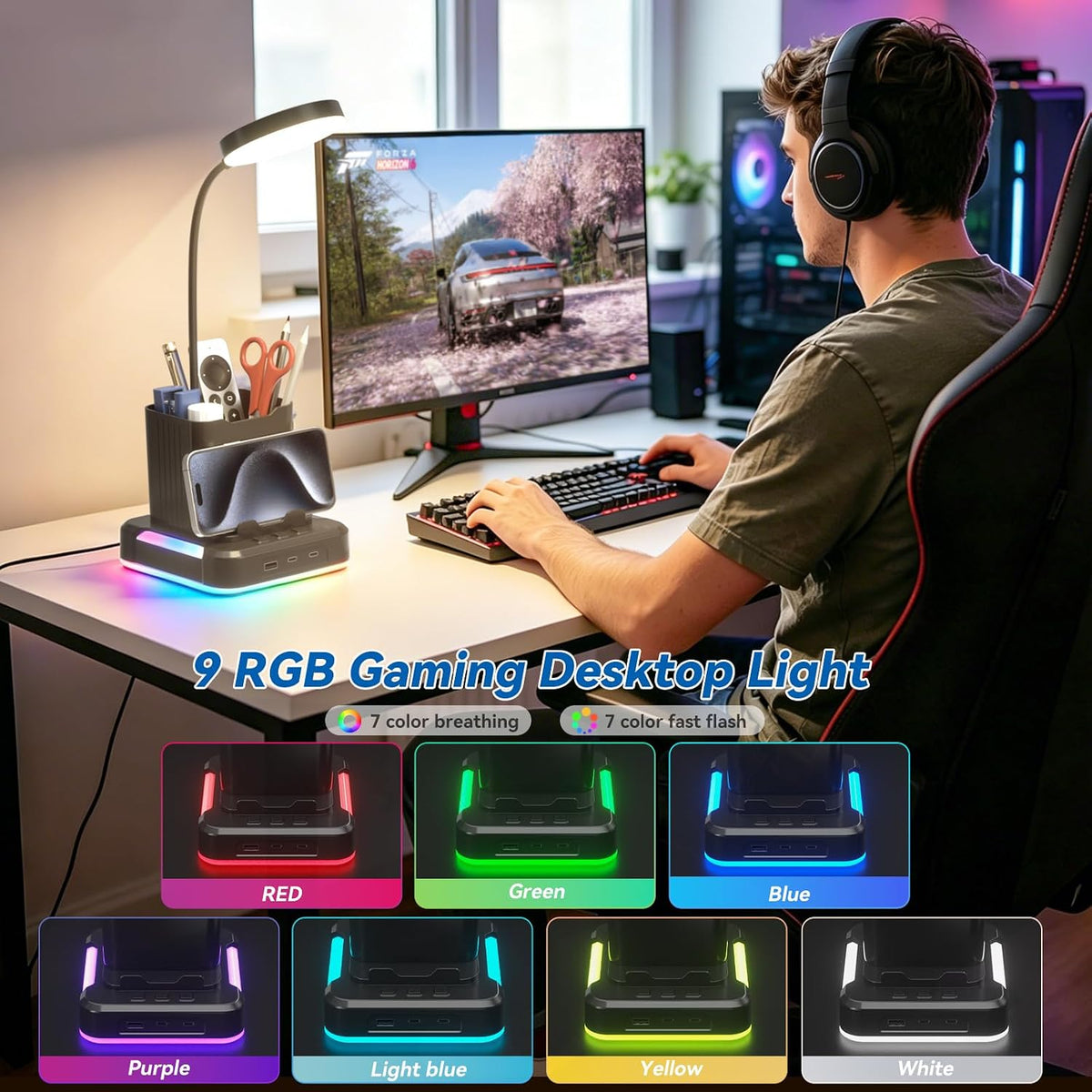 KDD 5 in 1 Desk Lamp with Charging Ports, 9 RGB Modes Gaming Table Light | Pen & Phone Holder, 360°Adjustable Gooseneck Desktop Lights, Dimmable Table Lamp for Home Office College Dorm Room