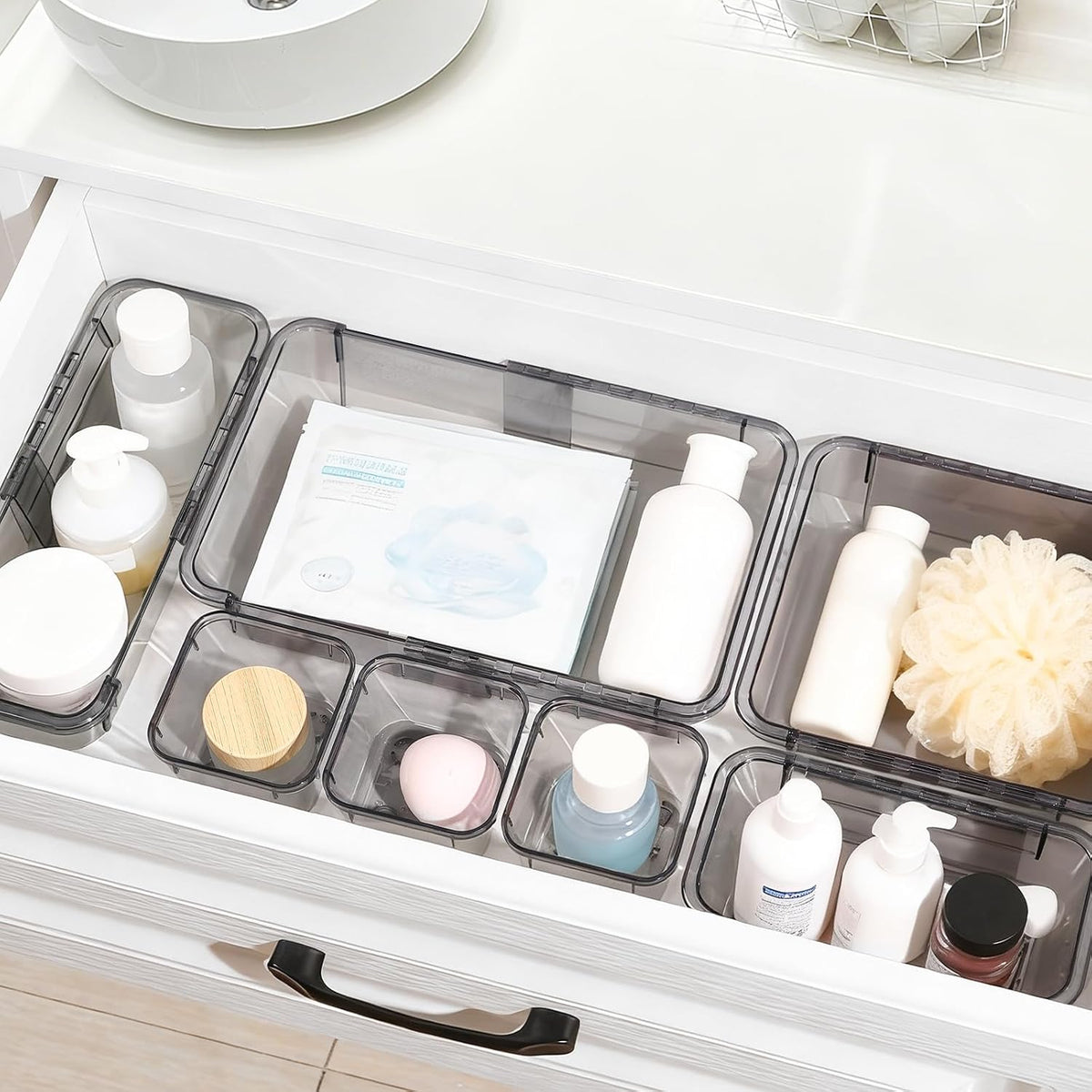 Adjustable Clear Drawer Organizer, Extendable Vanity Storage Bins, Desk Drawer Organizer Set for Makeup, Cosmetics, Bedroom, and Gadgets, Purple