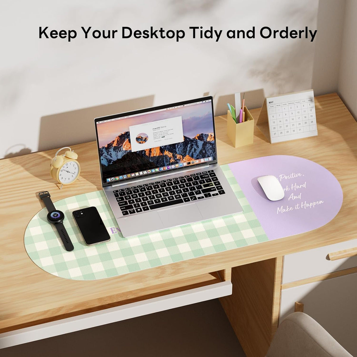 Checkered Pattern Desk Pad Protector, 35.5 x 13'' Aesthetic Mouse Mat for Desktop, Waterproof PU Leathe Non-Slip Desk Writing Pad for Office and Home, Green and Purple