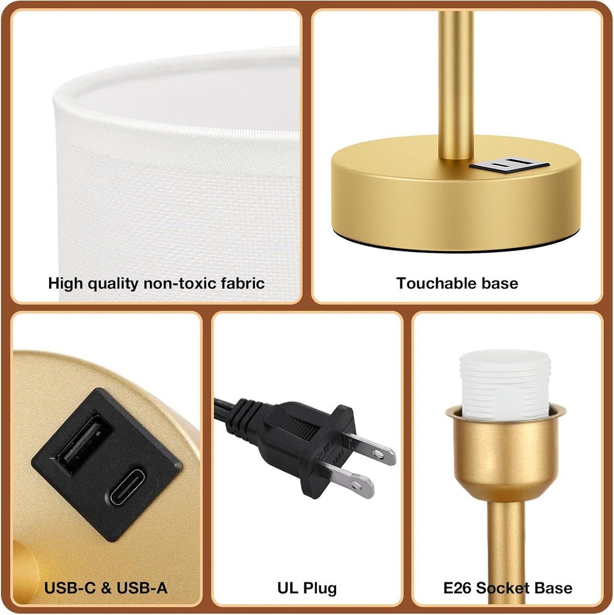 Dicoool Bedside Table Lamp for Bedroom - 3-Way Dimmable Touch Lamp, USB A+C
