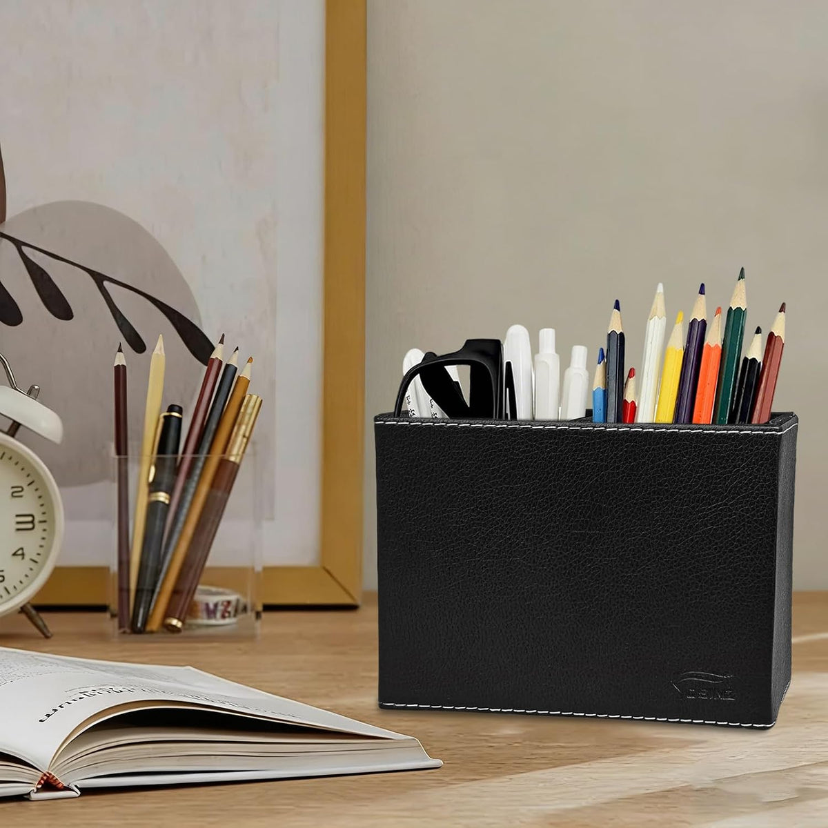 Leather Pen Holder, Brown Pencil Holder, Desktop Elegant Pen Holder for Desk, Stationery Organizer for School Office Home Dorm (3.3" x 3.3" x 4", Brown)