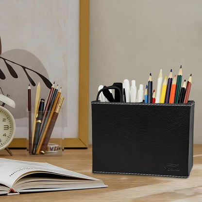 Leather Pen Holder, Brown Pencil Holder, Desktop Elegant Pen Holder for Desk, Stationery Organizer for School Office Home Dorm (3.3" x 3.3" x 4", Brown)