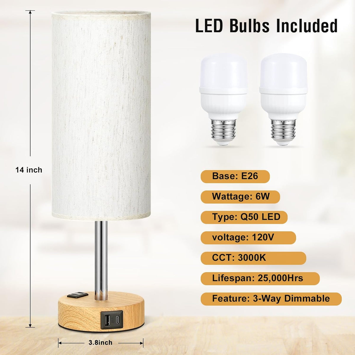Fenmzee Bedside Table Lamp for Bedroom - Dimmable Touch, USB A+C, AC Outlet