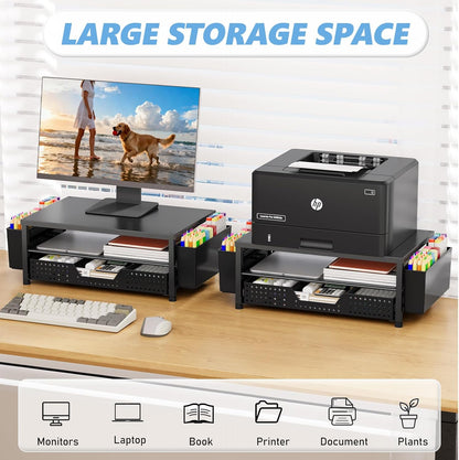 Desk Organizers and Accessories, Computer Monitor Stand Riser with Drawer and 2 Pen Holders, Printer & Laptop Stand, Office Desk Accessories & Workspace Organizers for Home Office Supplies, Black