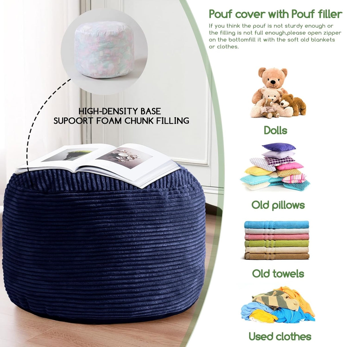 Round Stuffed Pouf Ottoman, Corduroy Poufs with Foam Chunk Filling, Furry and Fluffy Pouf Foot Stool Storage Ottoman, 20 X 15 Floor Poufs Foot Rest for Living Room, Dark Grey