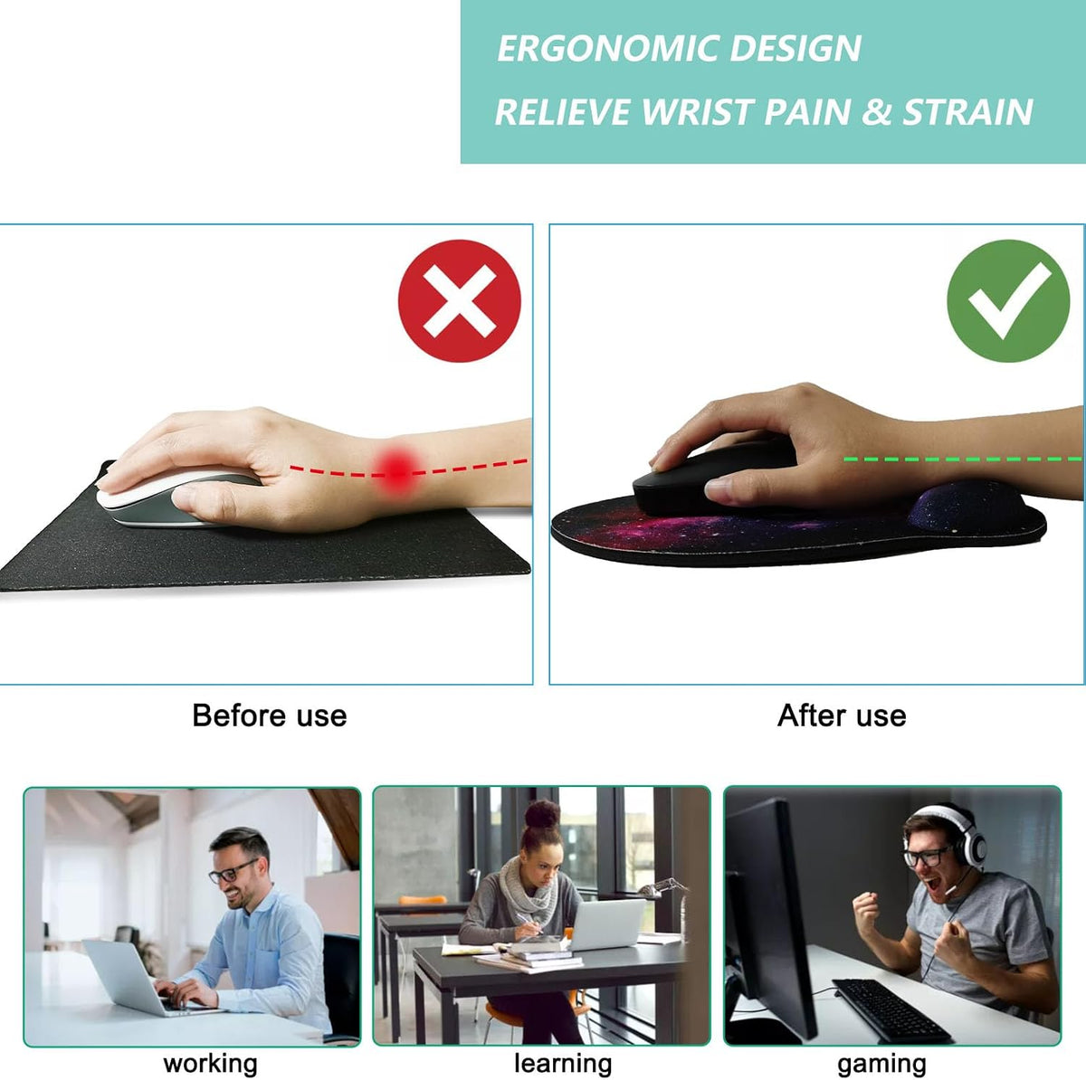 Mouse Pad with Wrist Support, Ergonomic Mouse Pad with Memory Foam Wrist Rest Cushion, Non-Slip Rubber Base Gaming Mice Pad for Home Office Computer Laptop, Flower Black